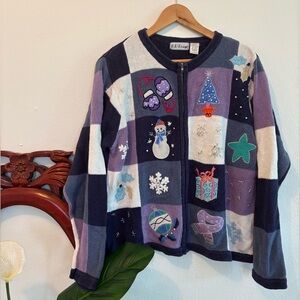 Vintage Women’s Zip Up Embroidered Christmas Sweater Cardigan Natural Fibers